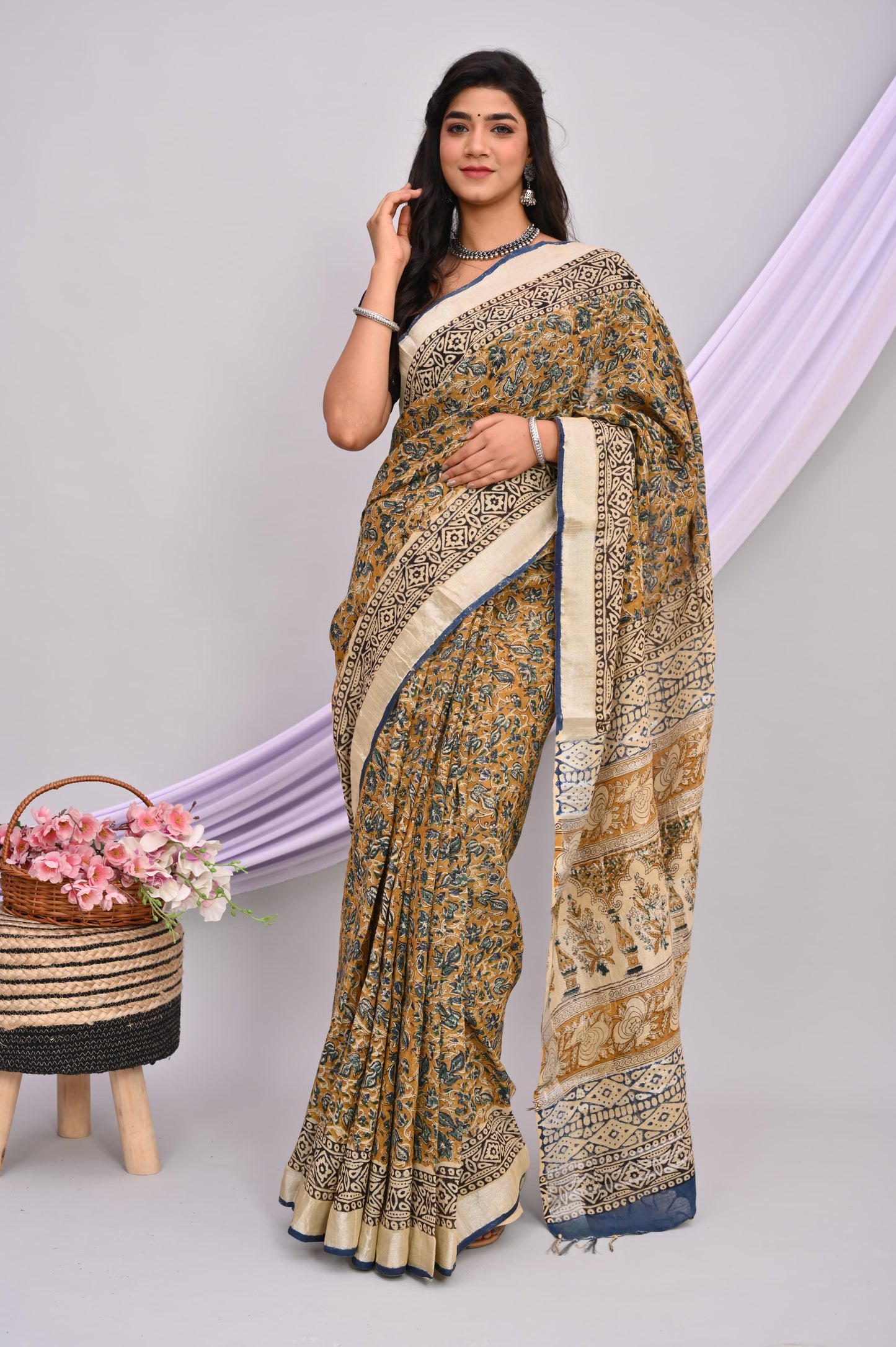 Bagru Hand Block Printed Saree In Linen Cotton With Blouse Piece