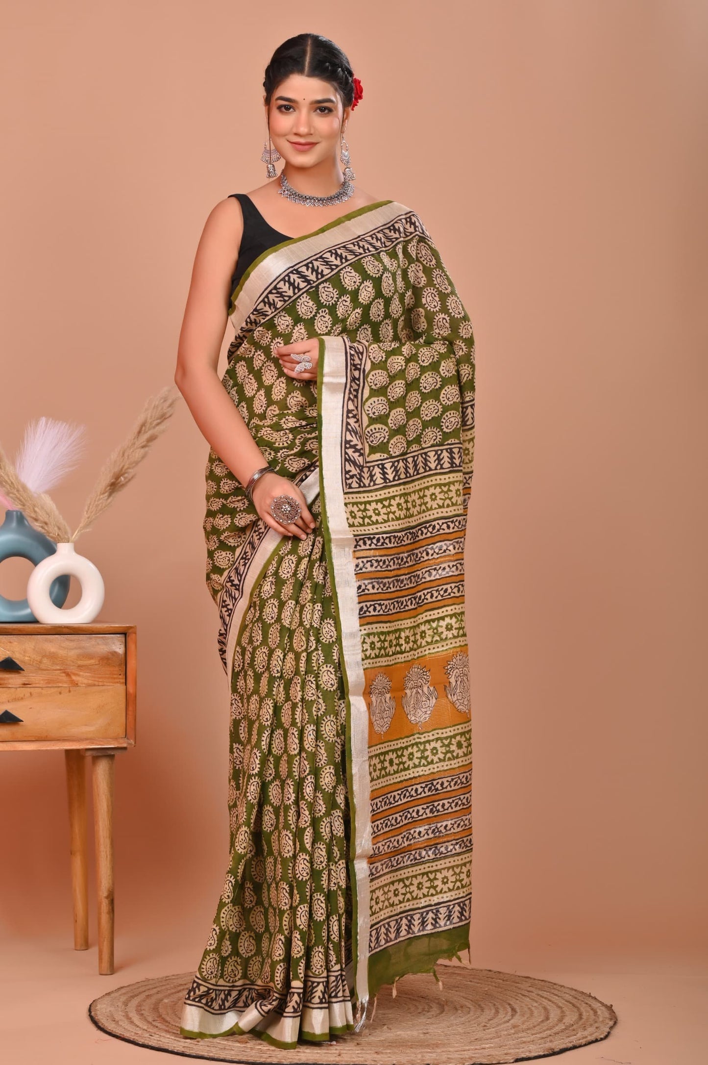 Bagru Hand Block Printed Saree In Linen Cotton With Blouse Piece