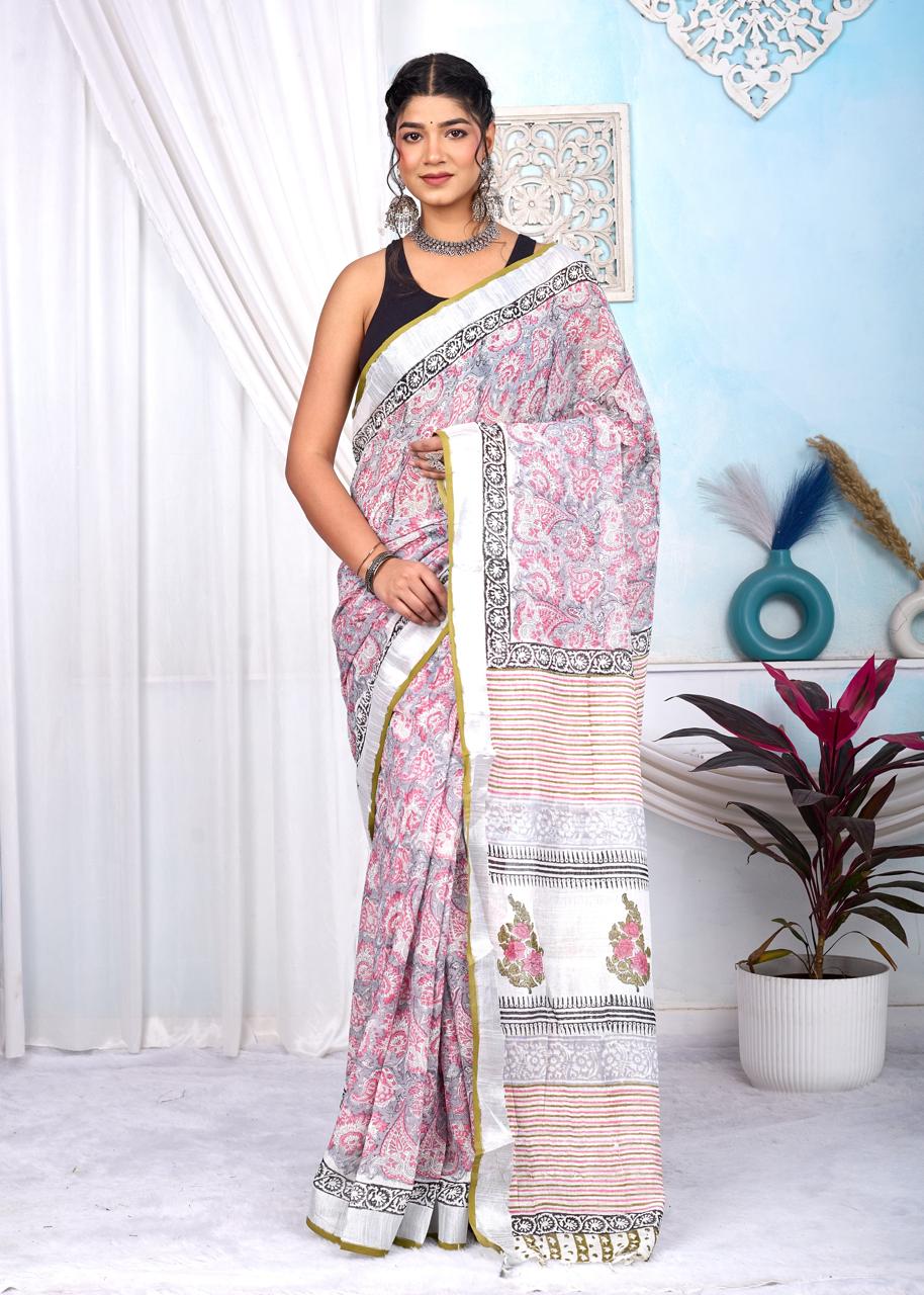 Linen Cotton Bagru Hand Block Saree With Blouse Piece