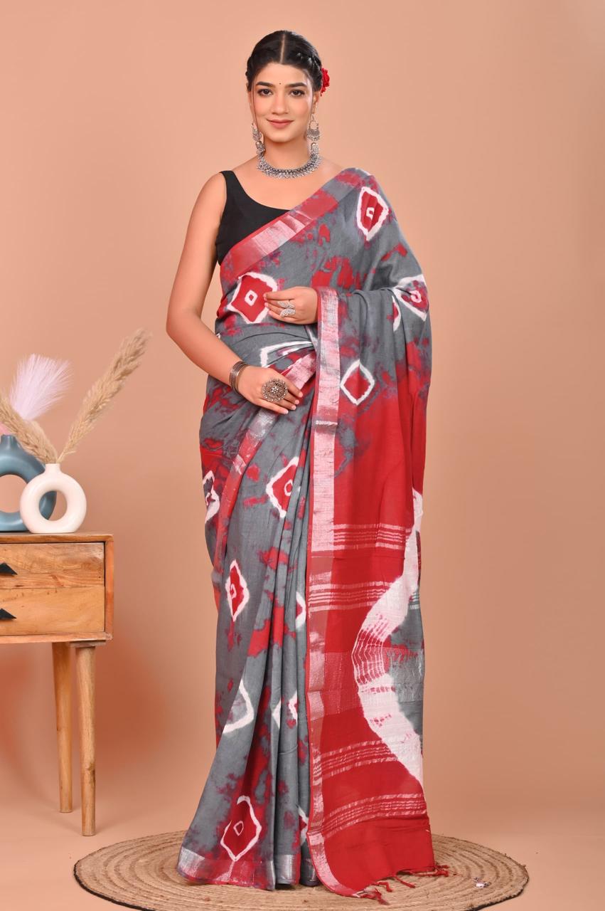 Linen Cotton Bagru Hand Block Saree With Blouse Piece