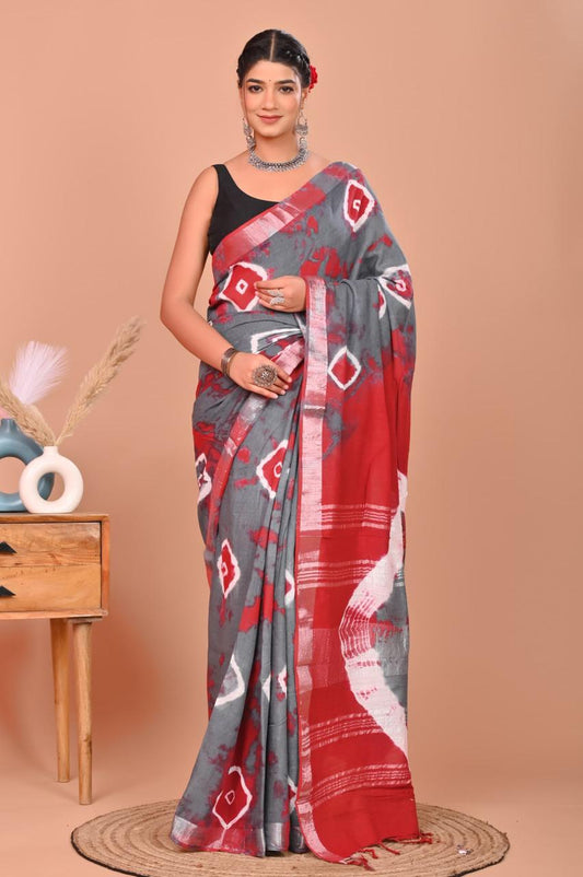 Linen Cotton Bagru Hand Block Saree With Blouse Piece