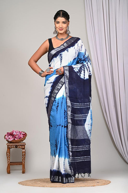 Linen Cotton Bagru Hand Block Saree With Blouse Piece