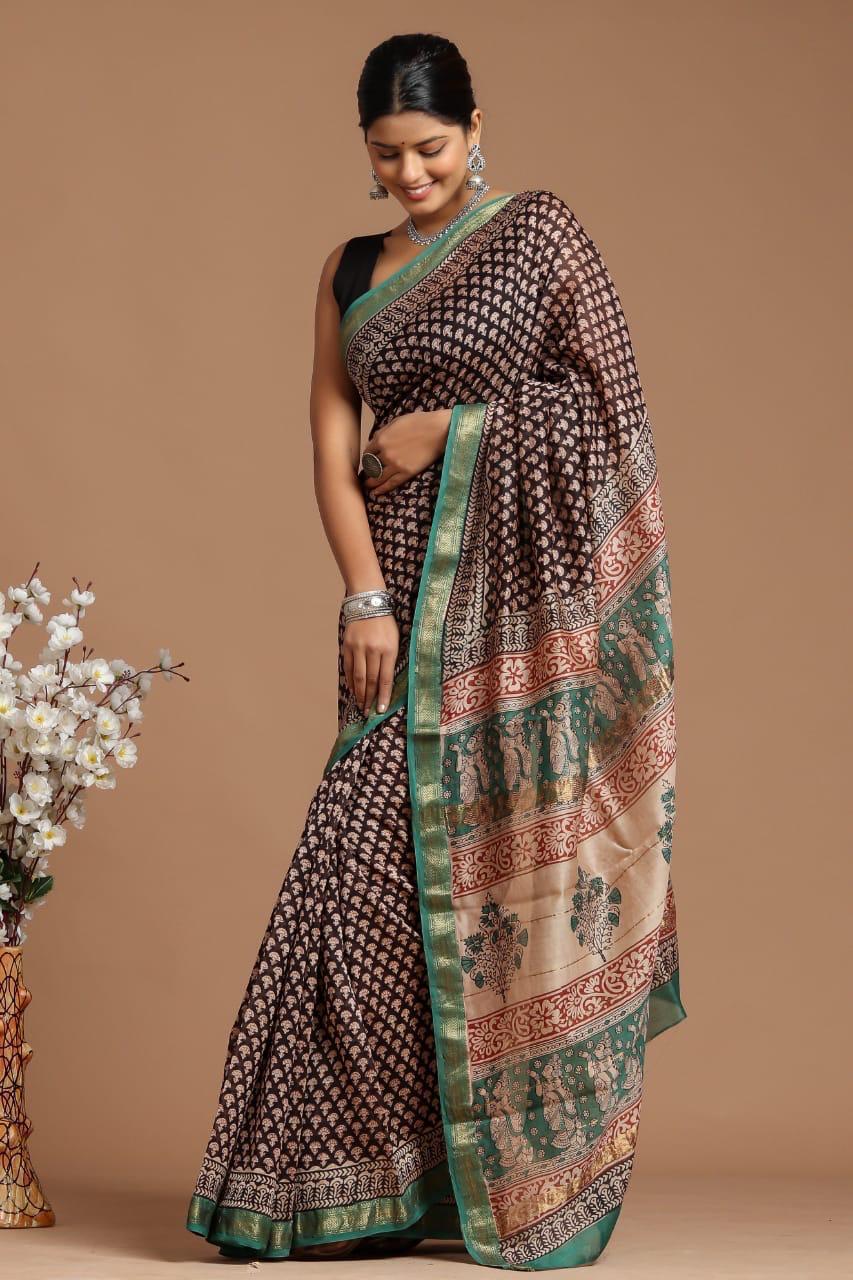 Crimson Blossom Geometric Bagru  Saree