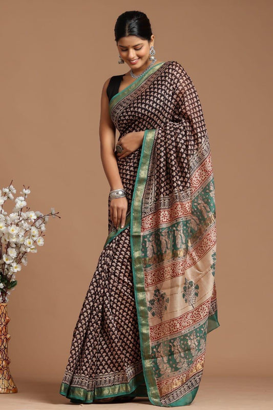 Crimson Blossom Geometric Bagru  Saree