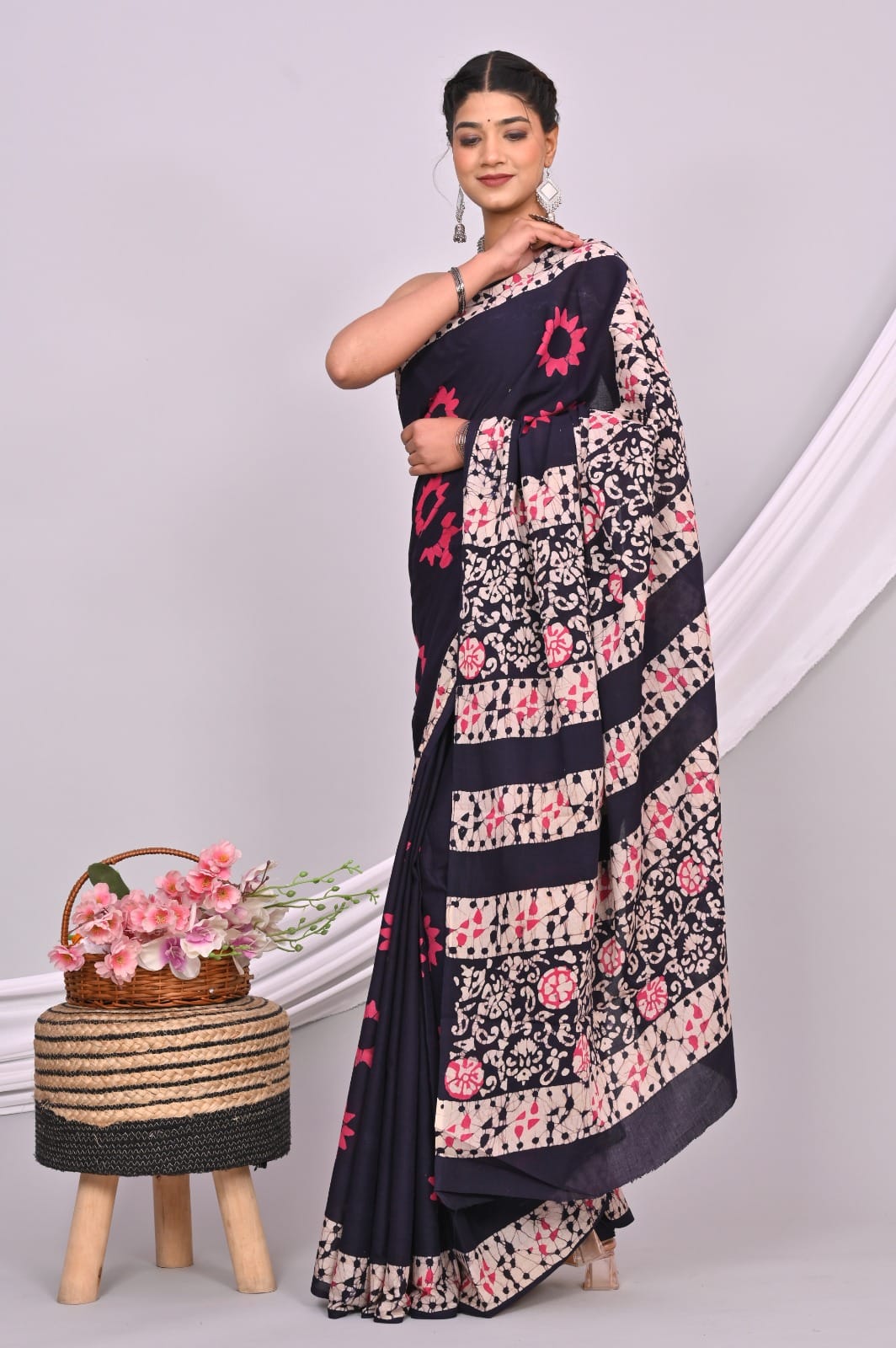 Batik Hand Block Printed Cotton Saree With Blouse Piece