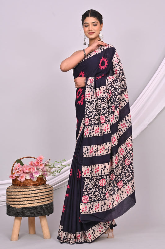 Batik Hand Block Printed Cotton Saree With Blouse Piece