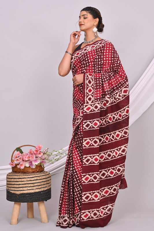 Batik Hand Block Printed Cotton Saree With Blouse Piece