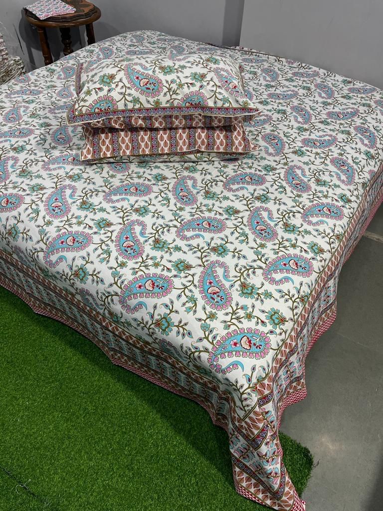 Handcrafted Jaipuri Look Cotton Double Bedsheet with 2 Reversible Pillow Covers