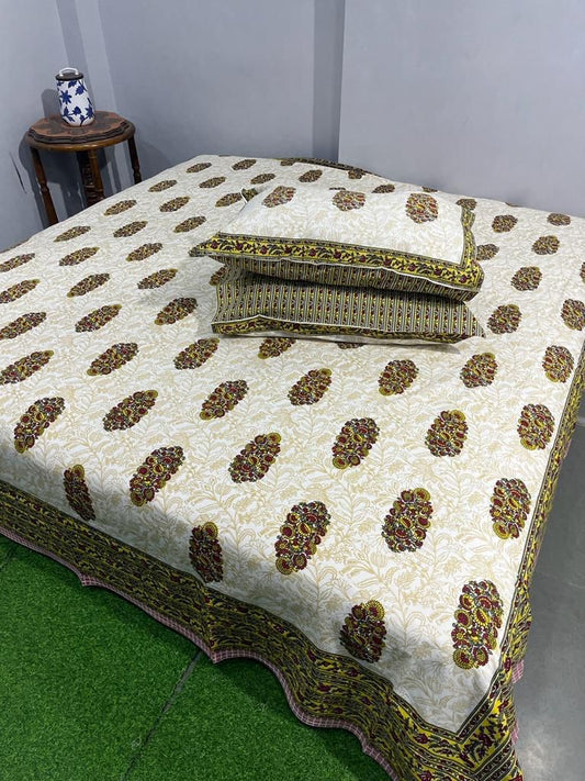 Handcrafted Jaipuri Look Cotton Double Bedsheet with 2 Reversible Pillow Covers
