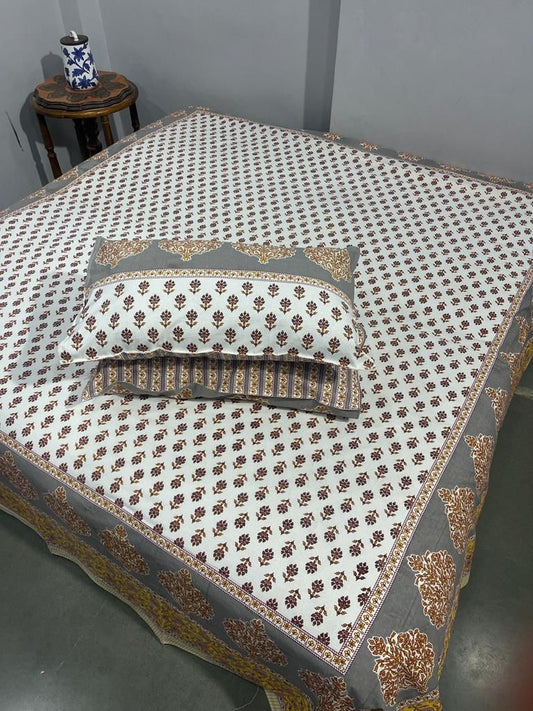 Handcrafted Jaipuri Look Cotton Double Bedsheet with 2 Reversible Pillow Covers