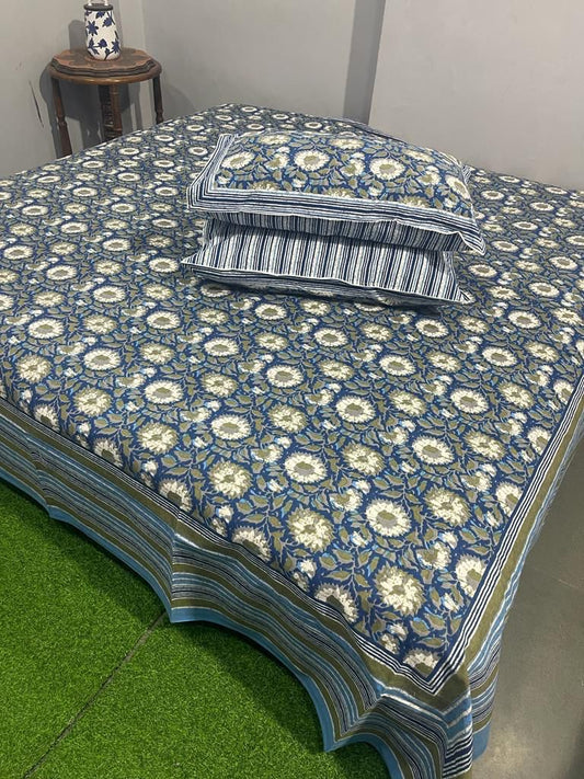 Handcrafted Jaipuri Look Cotton Double Bedsheet with 2 Reversible Pillow Covers