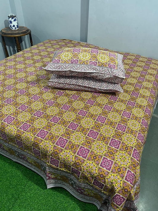Handcrafted Jaipuri Look Cotton Double Bedsheet with 2 Reversible Pillow Covers