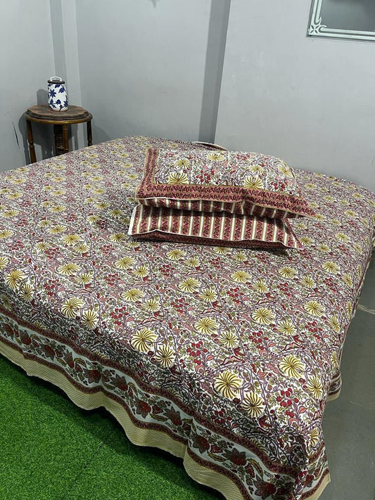 Handcrafted Jaipuri Look Cotton Double Bedsheet with 2 Reversible Pillow Covers