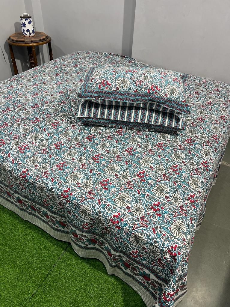 Handcrafted Jaipuri Look Cotton Double Bedsheet with 2 Reversible Pillow Covers