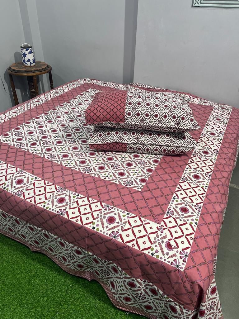 Handcrafted Jaipuri Look Cotton Double Bedsheet with 2 Reversible Pillow Covers