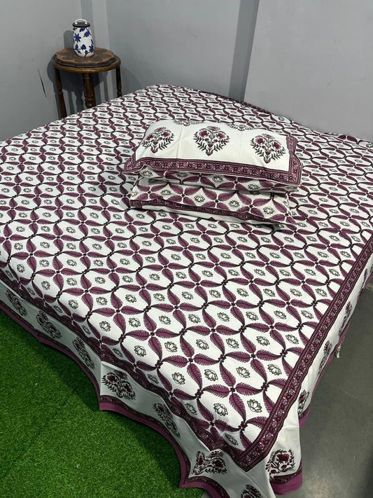 Handcrafted Jaipuri Look Cotton Double Bedsheet with 2 Reversible Pillow Covers