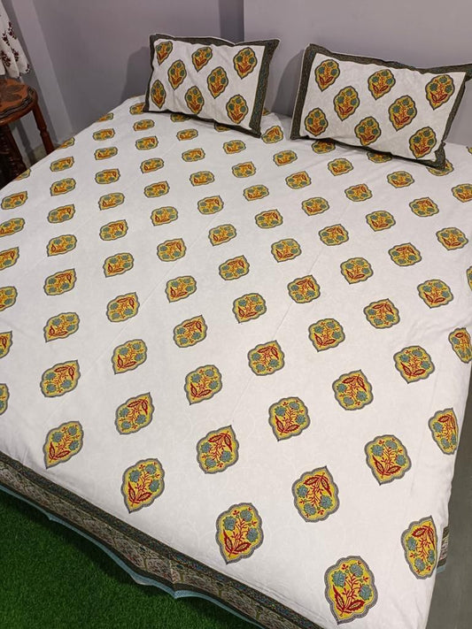 Handcrafted Jaipuri Look Cotton Double Bedsheet with 2 Reversible Pillow Covers