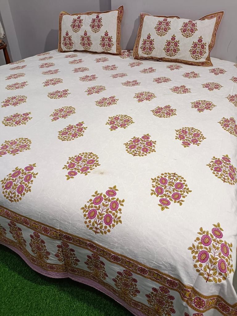 Handcrafted Jaipuri Look Cotton Double Bedsheet with 2 Reversible Pillow Covers