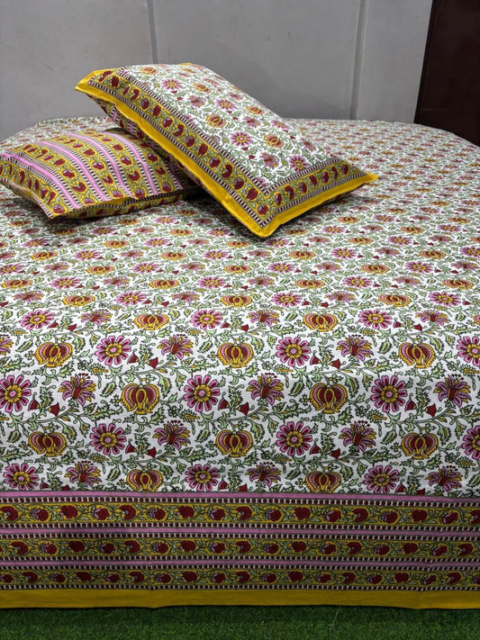 Handcrafted Jaipuri Look Cotton Double Bedsheet with 2 Reversible Pillow Covers