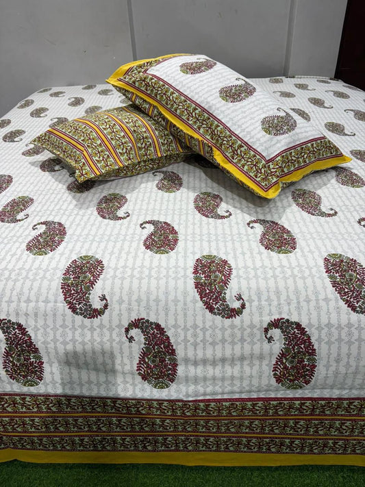 Handcrafted Jaipuri Look Cotton Double Bedsheet with 2 Reversible Pillow Covers