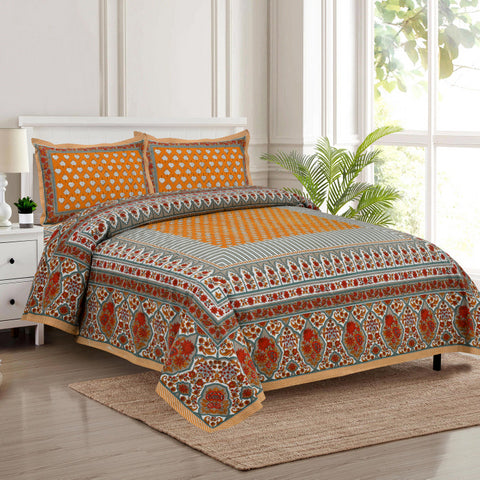 Handcrafted Jaipuri Look Cotton Double Bedsheet with 2 Reversible Pillow Covers