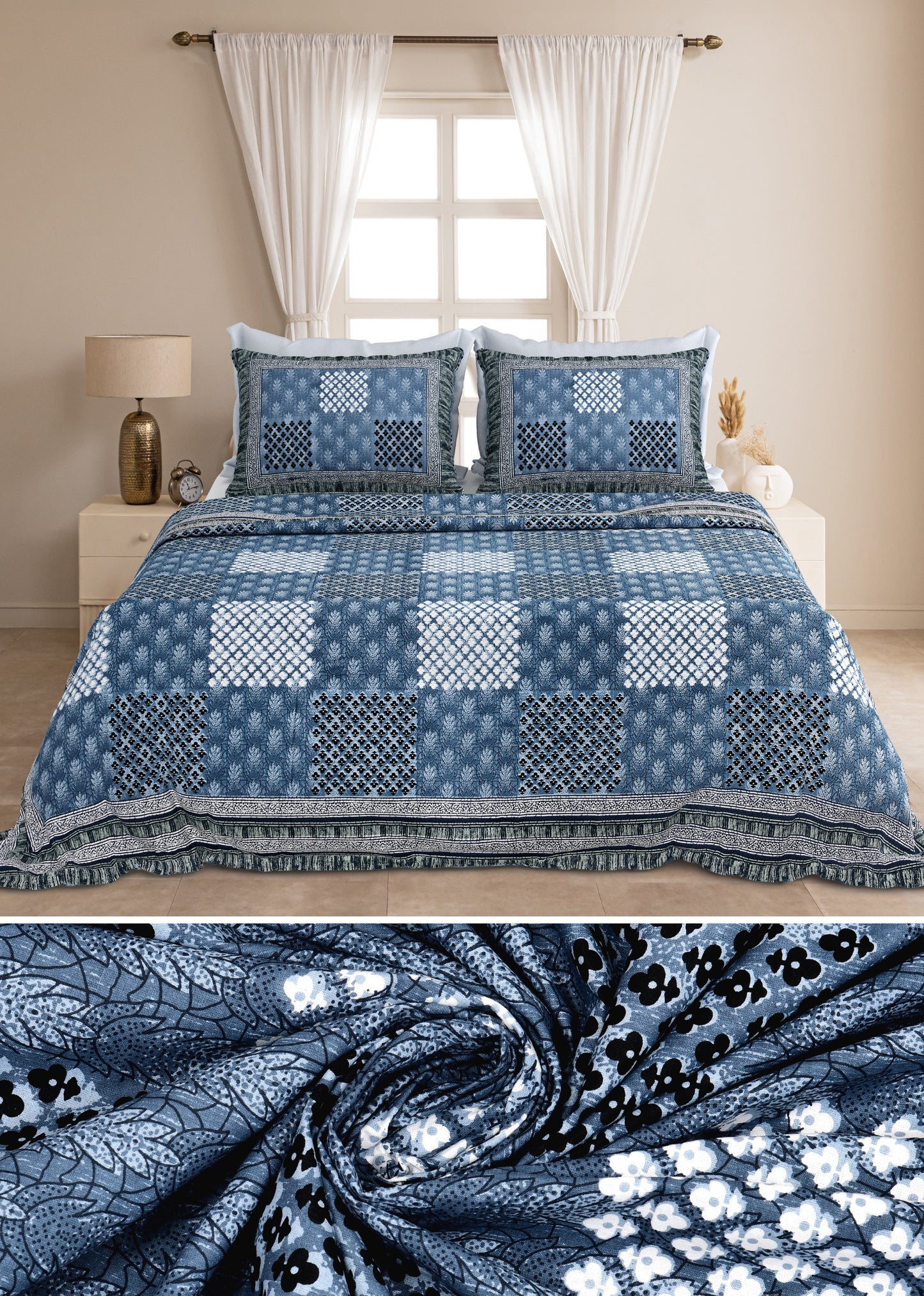 Handcrafted Jaipuri Look Cotton Double Bedsheet with 2 Reversible Pillow Covers