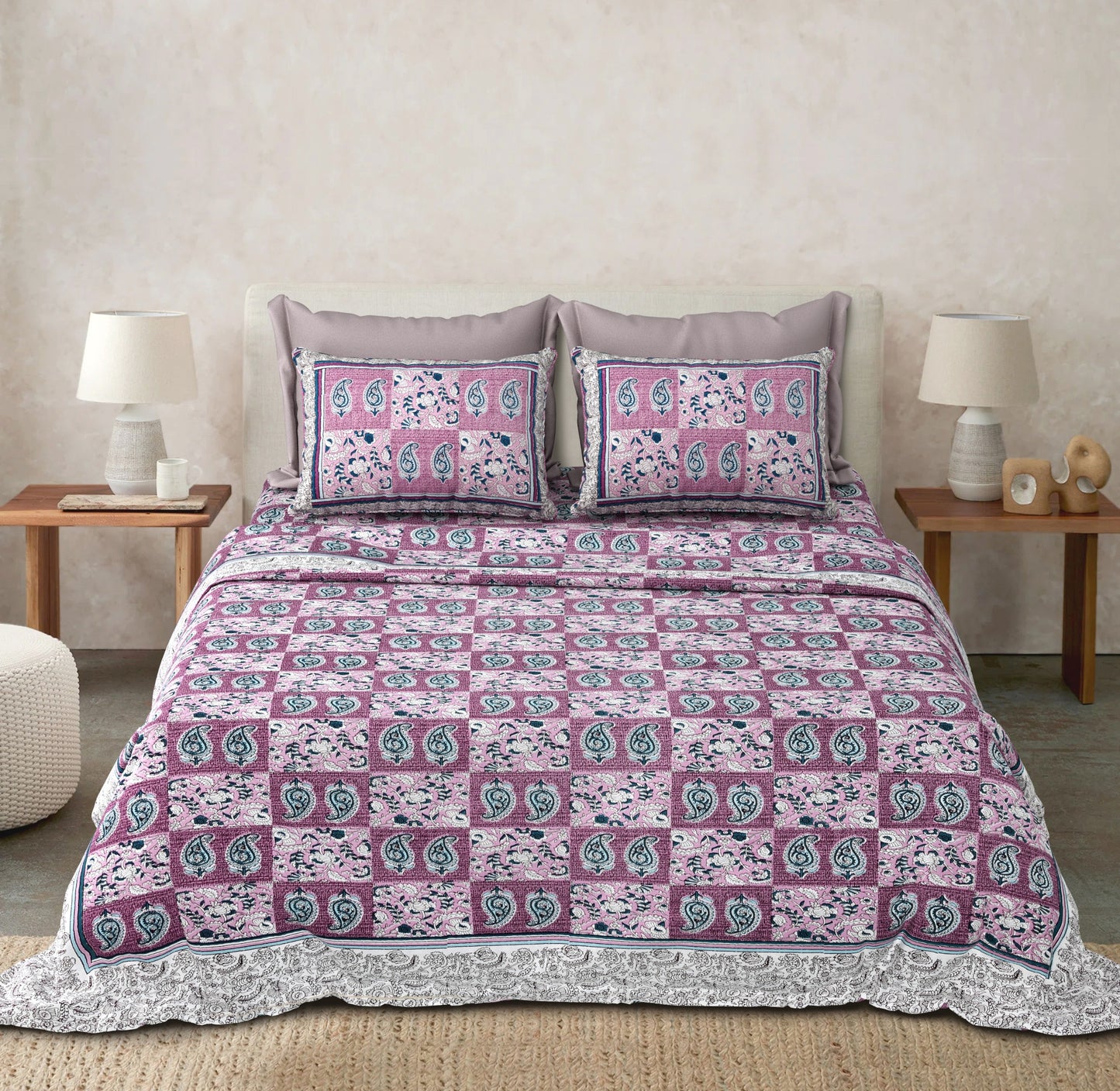 Handcrafted Jaipuri Look Cotton Double Bedsheet with 2 Reversible Pillow Covers