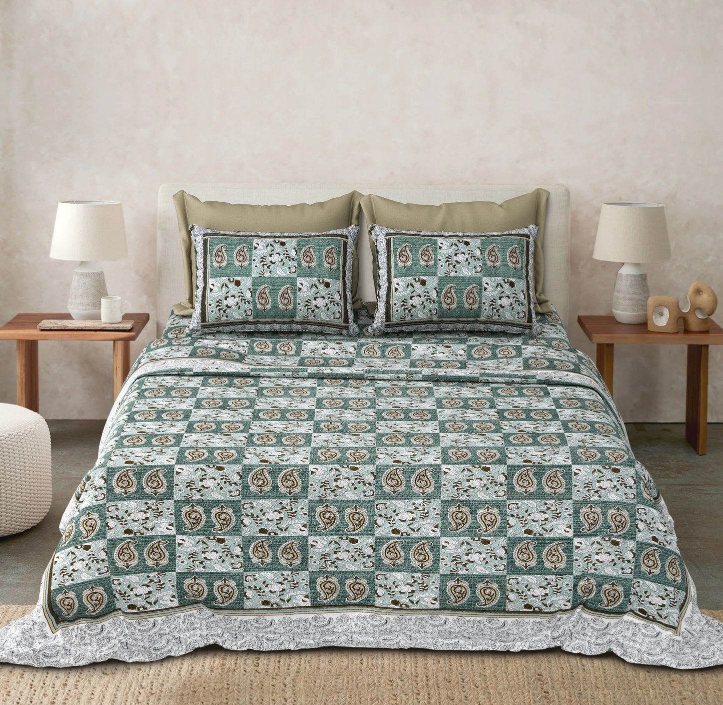 Handcrafted Jaipuri Look Cotton Double Bedsheet with 2 Reversible Pillow Covers