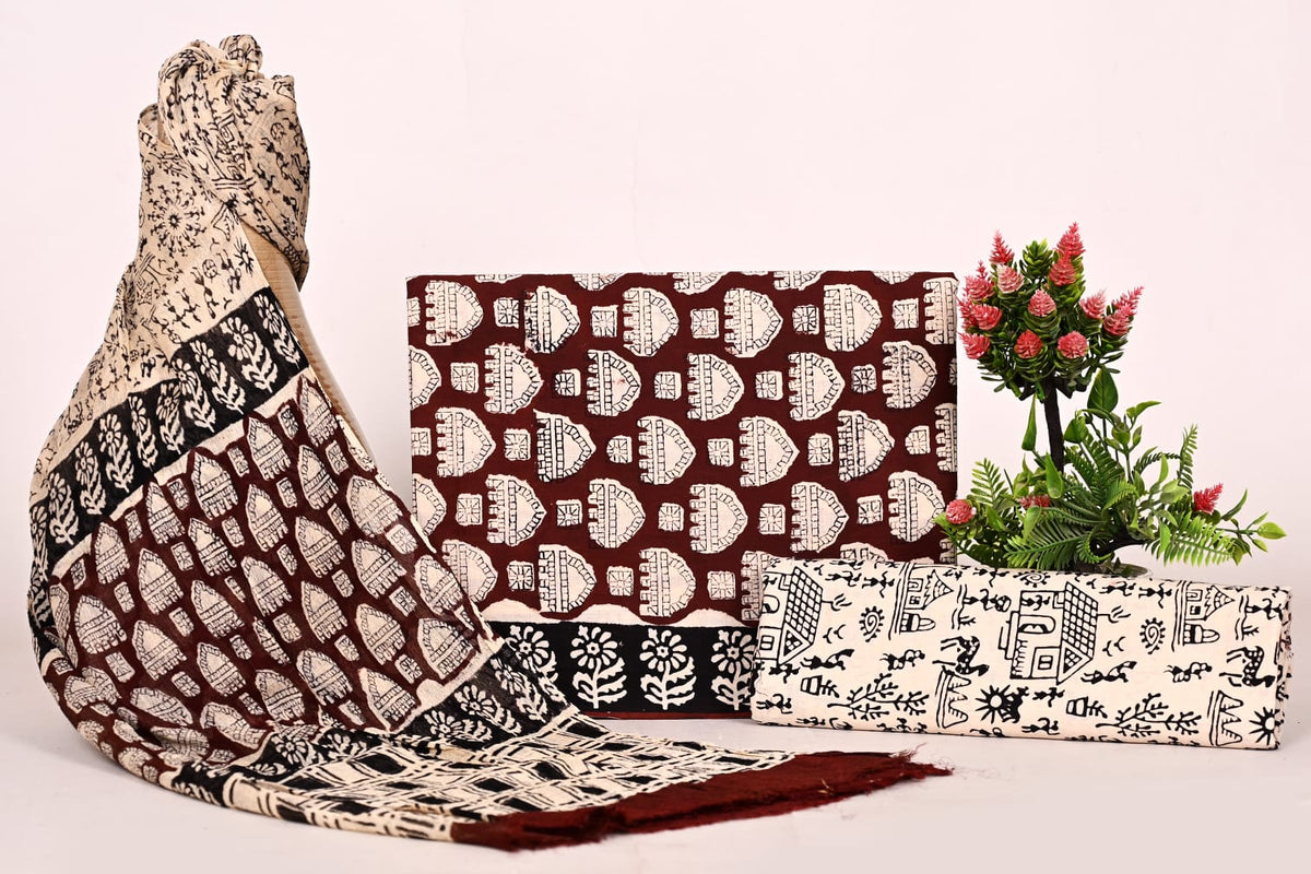 Traditional Jaipuri Block Print Suit with Chiffon Dupatta