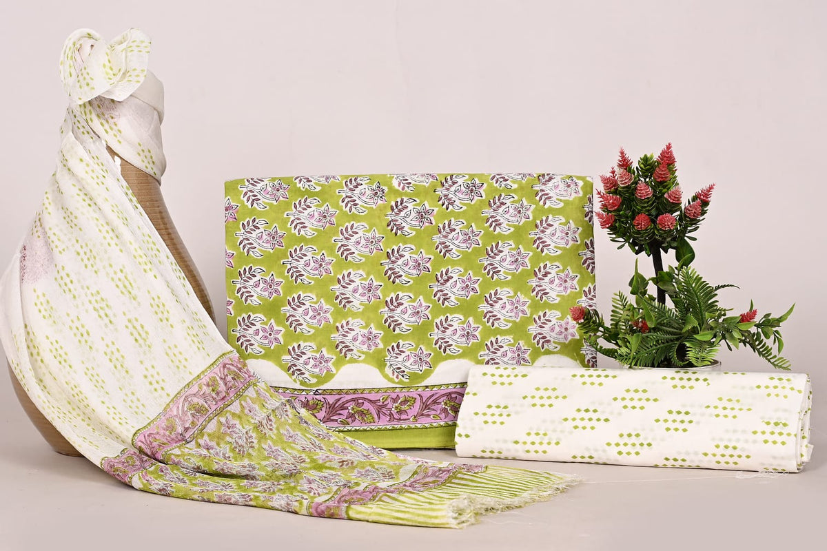 Traditional Jaipuri Block Print Suit with Chiffon Dupatta