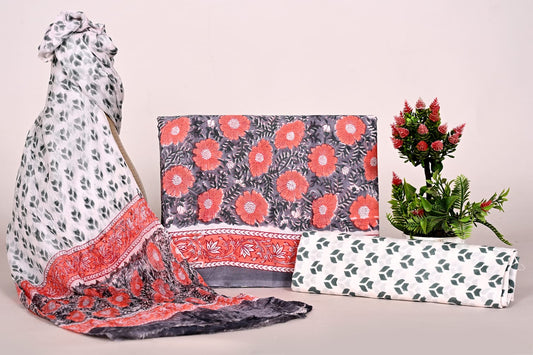 Floral Printed Pure Cotton Suit with Chiffon Dupatta
