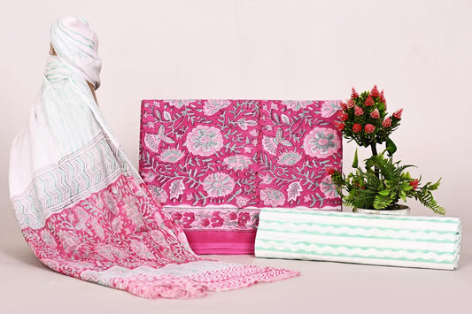 Pastel Floral Design Cotton Suit with Chiffon Dupatta