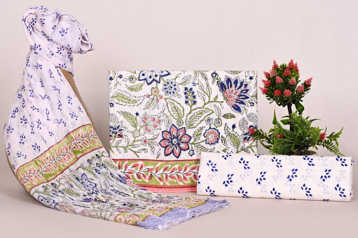 Traditional Jaipuri Block Print Suit with Chiffon Dupatta