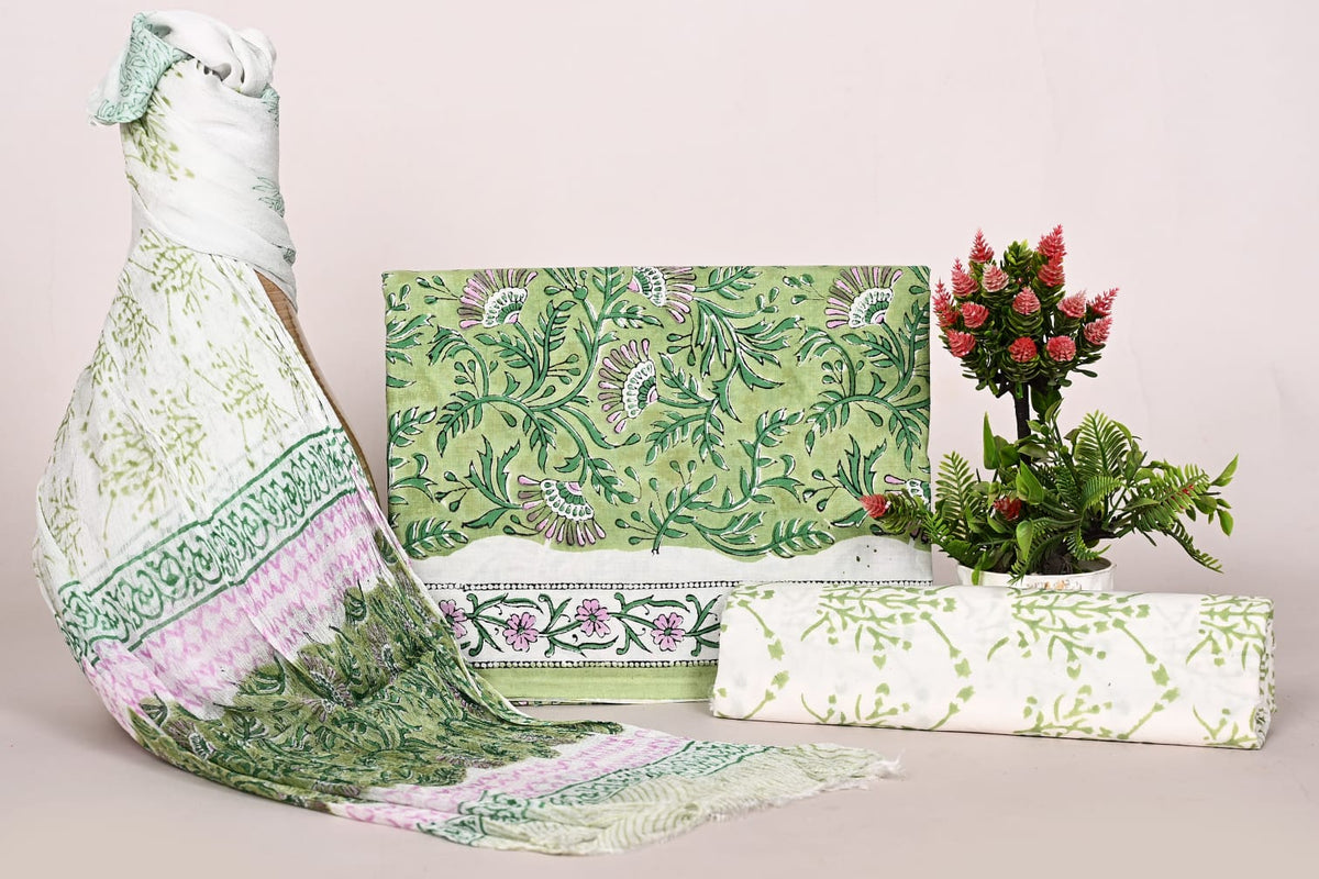 Traditional Jaipuri Block Print Suit with Chiffon Dupatta