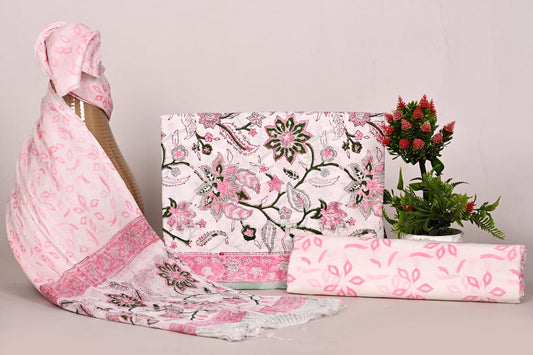 Pastel Floral Design Cotton Suit with Chiffon Dupatta