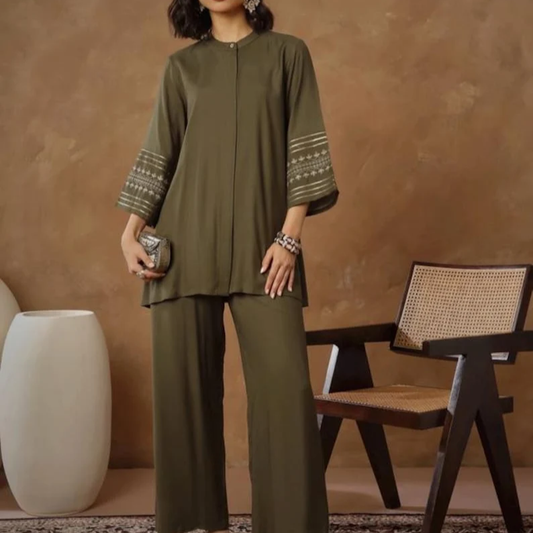 Olive Green Women Co Ord Set Gold Embroidered Tunic