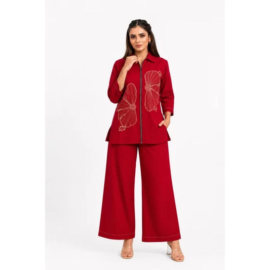 Red Cotton Co Ord Set With Abstract Print