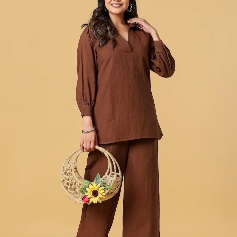 Brown Cotton Linen Tunic And Wide Leg Pants