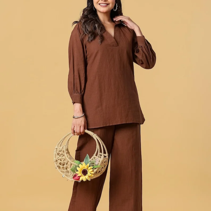 Brown Cotton Linen Tunic And Wide Leg Pants