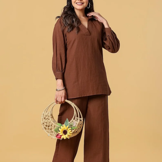 Brown Cotton Linen Tunic And Wide Leg Pants