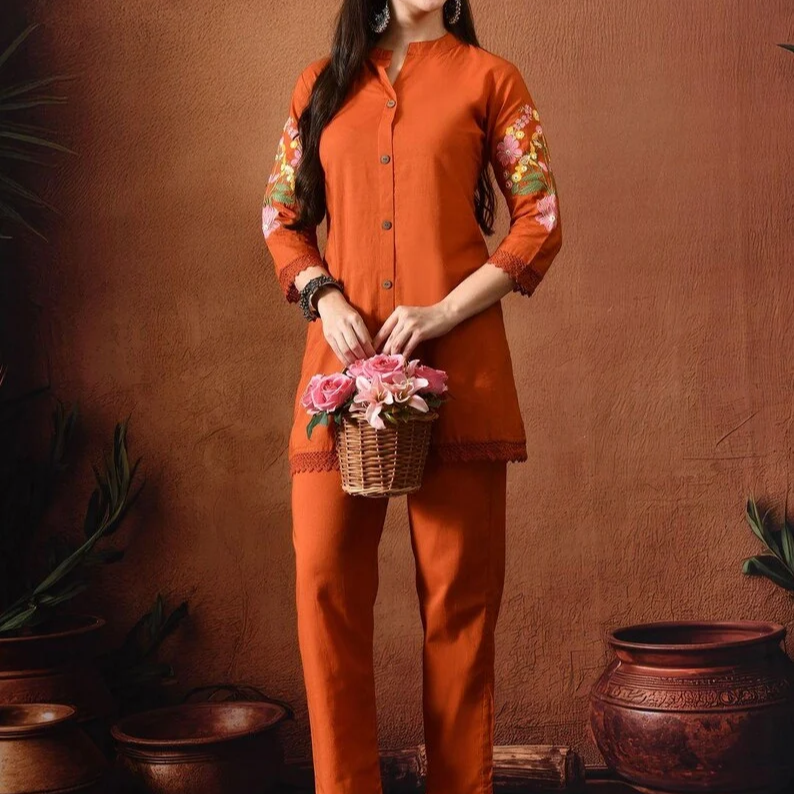 Orange Embroidered Kurta Set For Women