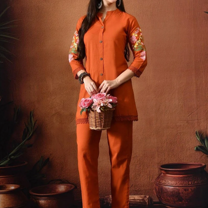 Orange Embroidered Kurta Set For Women