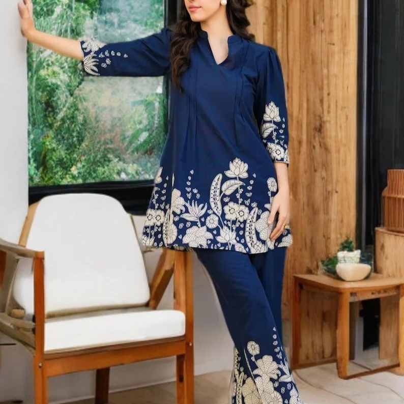 Blue Floral Print Cotton Women Co Ord Set