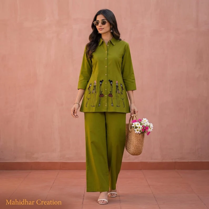 Olive Green Indo Western Women Co Ord Set