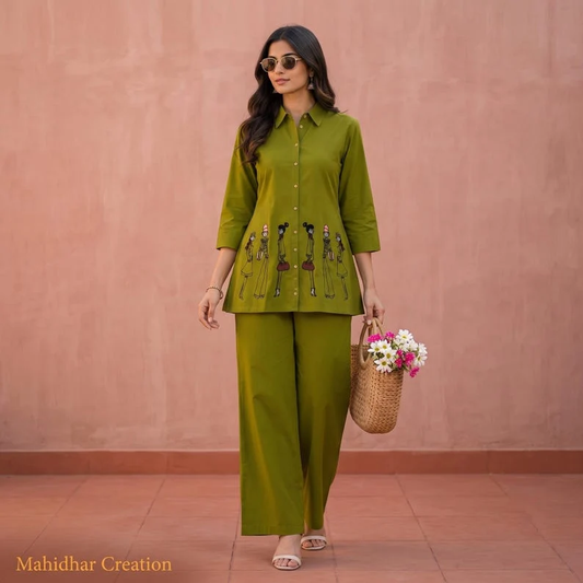 Olive Green Indo Western Women Co Ord Set