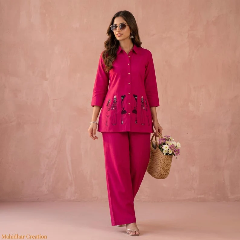 Magenta Pink Indo Western Women Co Ord Set