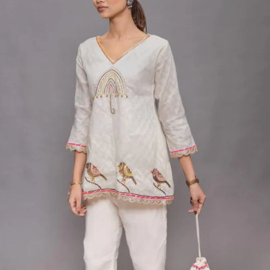Beige Cotton Co Ord Set Handwork Lace For Women