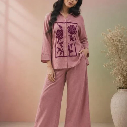 Onion Pink Jute Cotton Women Co Ord Set