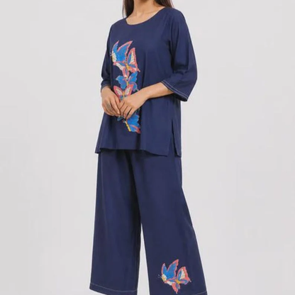 Navy Blue Mal Cotton Co Ord Set Hand Painted Butterfly