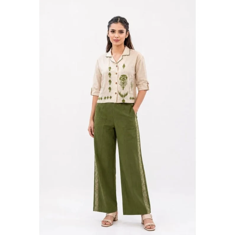 White Olive Linen Cotton Co Ord Set For Women